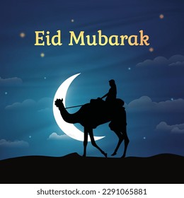 Eid Mubarak Special Design. A Close-Up Illustration of a Camel Rider in Front of the Moon, Vector Art Depicting the Last Night of Ramadan in the Desert. Crescent Moon and Blue Orange Color Concepts.