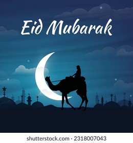 Eid Mubarak Special Realistic Landscape Social Media Post Illustration Art. Camel Rider Musafir In a Desert During Moon Night. Close Up with Crescent Moon During Holy Night. Dark Blue Color.