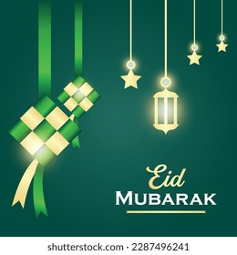 Eid Mubarak Square Banner and Poster Template With Illuminated Lanterns Islamic Ornament and Ketupat