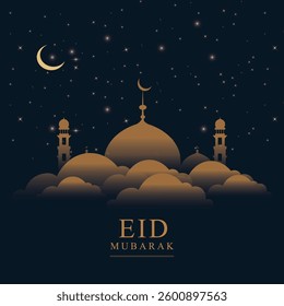 Eid Mubarak, Star, Night sky and Mosque shape greeting Template for Eid al fitr festival..