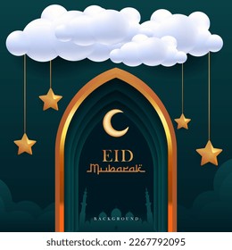 Eid Mubarak Estrellas Diseño de nubes Plantilla de felicitación de tarjeta de color verde elegante