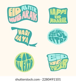 Eid mubarak pegó stickers. Diseño de emoticones de Eid al fitr. Emsticadores de tipografía para moslem. Insignia de las fiestas musulmanas. Diseño de stickers Moslem Groovy