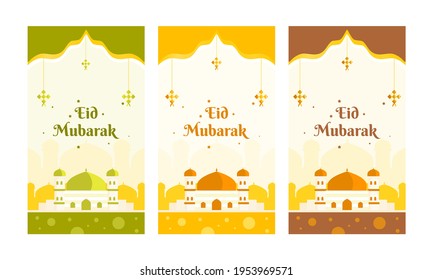 Eid Mubarak story social media template with 3 color, green, orange and brown and cute mosque vector illustration in flat cartoon design style. Vertical islamic background with ketupat ornament.