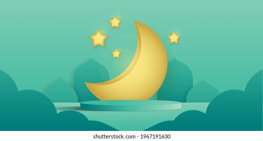 Eid mubarak studio background vector 3d. podium platform for ramadan products etc. podium display in green.