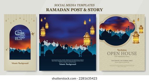 Eid mubarak sunset concept with silhouette mosque. Islamic vintage gold color hanging lantern