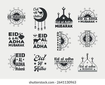 Eid Mubarak t shirt bundle, Eid typography t-shirt design bundle, Black Silhouette Design, tee, mandala design, moon and lanterns,  star, religious, festival, Greeting Card, Vector design bundle,
