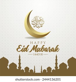 Plantilla de Eid Mubarak con luna creciente dorada en 3D y caligrafía árabe. Tarjeta de felicitación Idul fitri 1445H. Ilustración vectorial