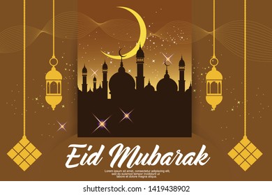 Eid Mubarak template banner design with mosque shilhouette,stars,lanterns,ketupat and line graphic in colour background - Vector