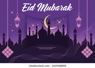 Eid Mubarak template banner design with mosque silhouette, stars, lanterns, ketupat and line graphic in colour background - Vector