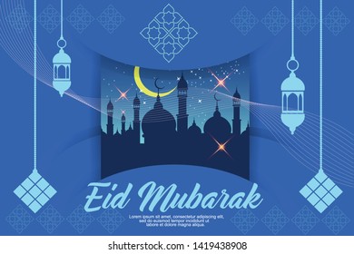 Eid Mubarak template banner design with mosque shilhouette,stars,lanterns,ketupat and line graphic in colour background - Vector