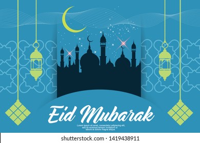 Eid Mubarak template banner design with mosque shilhouette,stars,lanterns,ketupat and line graphic in colour background - Vector