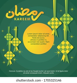 Eid Mubarak Template Banner Design mit Moschee und Ketupat Illustration. bunter Ketupat und grüner abstrakter Hintergrund.