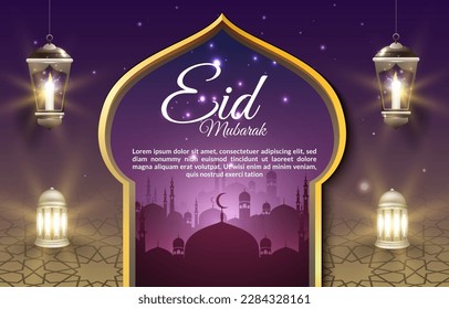 eid mubarak template banner with quote and beautiful shiny islamic ornament and abstract gradient purple and yellow background design