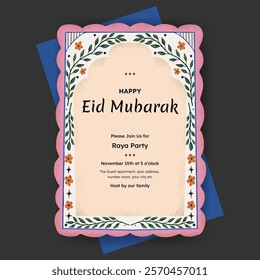 eid mubarak template design for raya party with flower border illustration for poster, greeting card or invitation card.