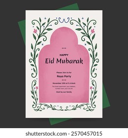 eid mubarak template design for raya party with flower border illustration for poster, greeting card or invitation card.