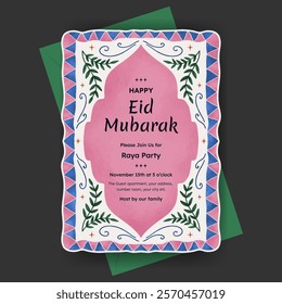 eid mubarak template design for raya party with flower border illustration for poster, greeting card or invitation card.