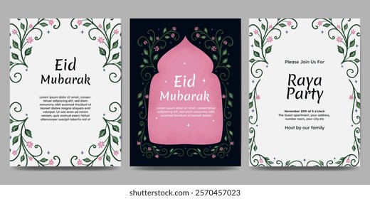 eid mubarak template design for raya party with flower border illustration for poster, greeting card or invitation card.
