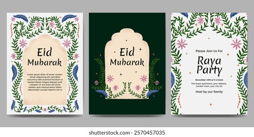 eid mubarak template design for raya party with flower border illustration for poster, greeting card or invitation card.