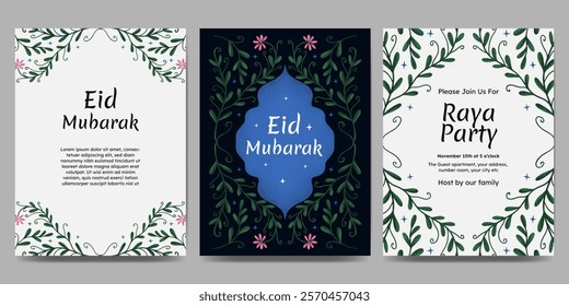 eid mubarak template design for raya party with flower border illustration for poster, greeting card or invitation card.