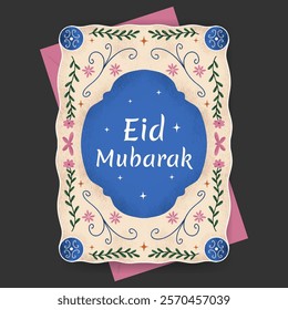 Eid mubarak template with flower, plant and arch border illustration for greeting card or poster.
