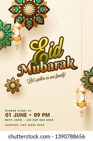 Eid Mubarak Vorlage oder Flyer Design dekoriert mit mandala Design und goldbeleuchtete Laterne auf islamischem, nahtlosen Muster Hintergrund.
