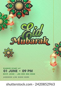 Eid Mubarak Template or Flyer Design with Illuminated Lamps Hang and Flowers Decorated on Pastel Green Background.