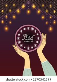 plantilla eid mubarak con manos henna, tarjeta de saludo eid para musulmanes con manos henna