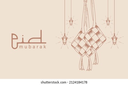 Eid Mubarak Template with Ketupat and Art Line Style