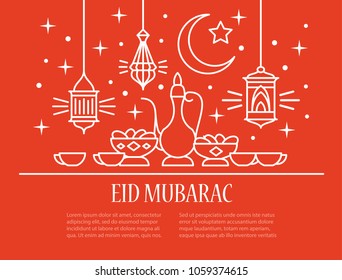 Eid Mubarak template with traditional lamps, jug and arabic crescent in linear style on orange background. Arabic card. Vector illustration