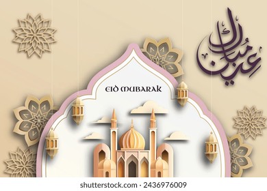 Eid Mubarak template written in elegant Arabic calligraphy with a 3D paper-cut aesthetic showcasing elegant arabic ornament. A sophisticated gold, and use vector illustration.