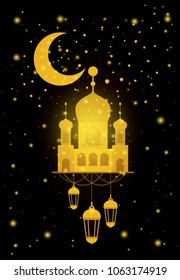 eid mubarak temple facade with moon and lantern