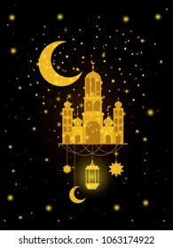 eid mubarak temple facade with moon and lantern