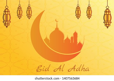 Eid Mubarak temple image and calligraphy with exquisite paper cut lanterns on purple background - Vector