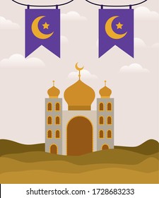 Templo de Eid Mubarak con diseño de lunares y banners, cultura de religión islámica y creencia Tema Vector ilustración