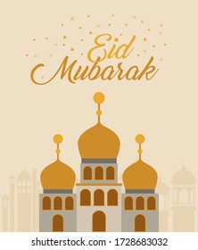 Eid mubarak temple with moon design, Islamic religion culture and belief theme Vector illustration