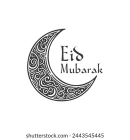 Eid mubarak text with beautiful moon, black outline vector illustration of beautiful crescent for eid card design	