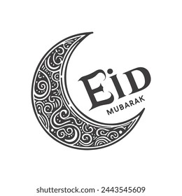 Eid mubarak text with beautiful moon, black outline vector illustration of beautiful crescent for eid card design