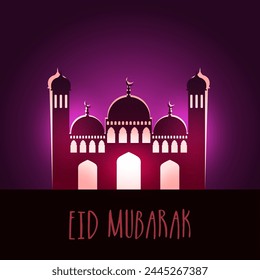 Eid Mubarak Text With With Beautiful Mosque on Purple Background.