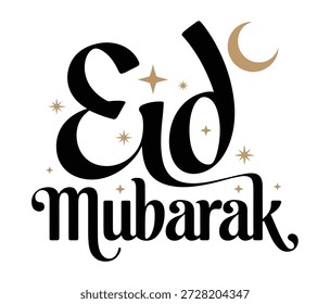 Eid Mubarak text in elegant black calligraphy with gold crescent moon and stars on pure white background, festive Islamic holiday greeting