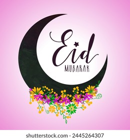 Eid Mubarak Text With Floral Decorated Crescent Moon Greeting Card For Muslim Festival.