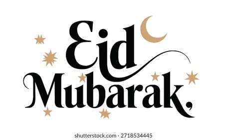Texto Eid Mubarak com lua crescente dourada e estrelas sobre fundo branco, tipografia preta elegante, festivo islâmico Natal cartão de design elemento