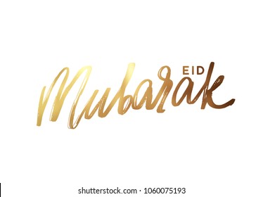 Eid mubarak. Text golden handwritten calligraphy. Lettering isolated on white background Eid mubarak. Text golden handwritten calligraphy. Lettering isolated on white background