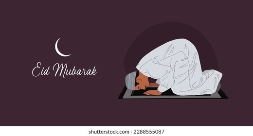 Eid Mubarak text with an Islamic holiday illustration template of a Muslim man praying salat or namaz
