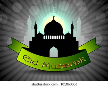 Eid Mubarak text with Mosque or Masjid  with ribbon on modern abstract rays background in grey and black color. EPS 10. Vector Illustration.