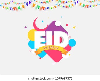 Texto de Eid Mubarak sobre fundo colorido.