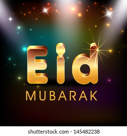 Eid Mubarak text on shiny abstract background for festival of Muslim community.