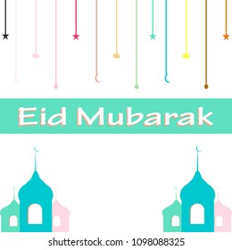 Eid Mubarak Text - Two Colorful Mosque and Stars, Moon, Cloud for Wallpaper, Flyer, greeting card in white background