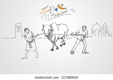 Eid mubarak text with two men and bull drawing vector design on the white background. Eidul adha in city beside mosque.