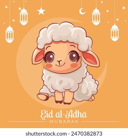 Eid Mubarak theme. Eid Al Adha festival. Greeting card for children with sacrificial sheep and lanterns. Vector illustration. Flat design.