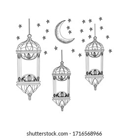 Eid mubarak theme. Beautiful greeting card, doodle elements. Muslim traditional holiday. Hand drawn vector illustration with flashlights, moon and stars